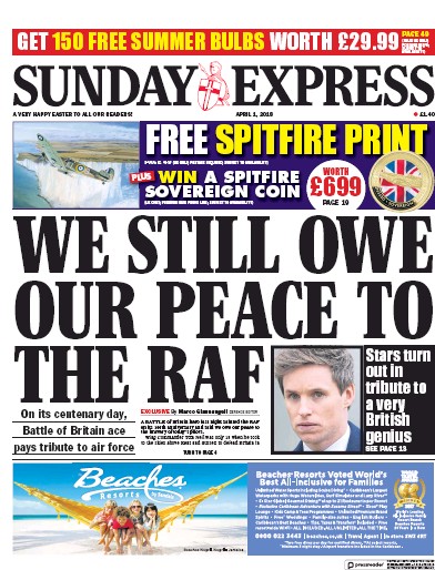 Daily Express Sunday Newspaper Front Page (UK) for 1 April 2018