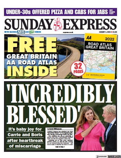 Daily Express Sunday Newspaper Front Page (UK) for 1 August 2021