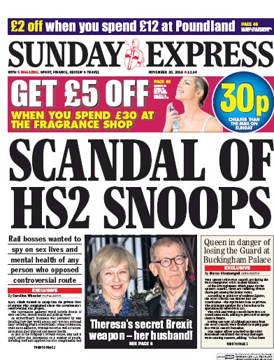 Daily Express Sunday Newspaper Front Page (UK) for 20 November 2016
