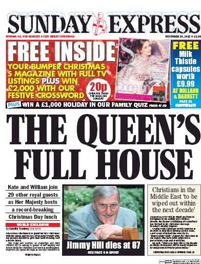 Daily Express Sunday Newspaper Front Page (UK) for 20 December 2015