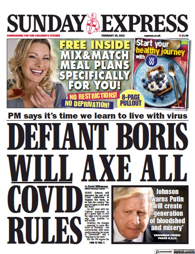 Daily Express Sunday Newspaper Front Page (UK) for 20 February 2022