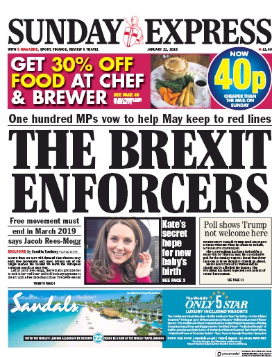 Daily Express Sunday Newspaper Front Page (UK) for 21 January 2018
