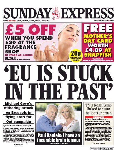 Daily Express Sunday Newspaper Front Page (UK) for 21 February 2016