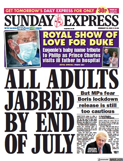 Daily Express Sunday Newspaper Front Page (UK) for 21 February 2021