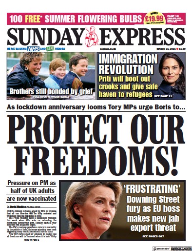Daily Express Sunday Newspaper Front Page (UK) for 21 March 2021