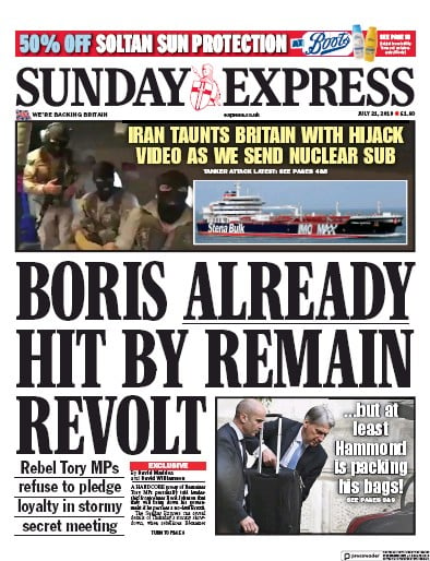 Daily Express Sunday Newspaper Front Page (UK) for 21 July 2019