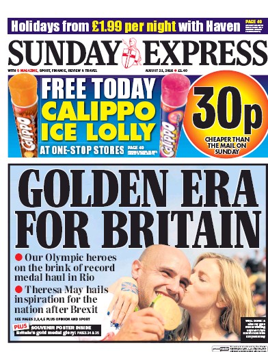 Daily Express Sunday Newspaper Front Page (UK) for 21 August 2016