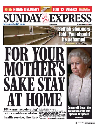 Daily Express Sunday Newspaper Front Page (UK) for 22 March 2020