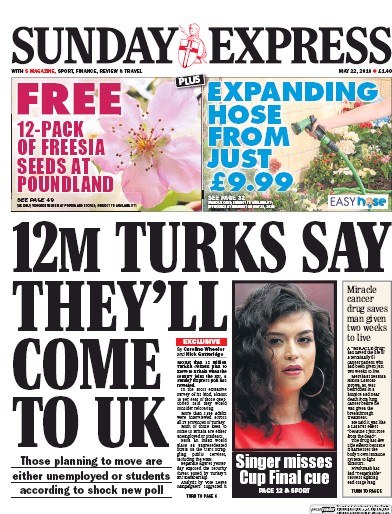 Daily Express Sunday Newspaper Front Page (UK) for 22 May 2016