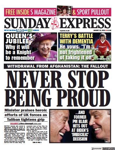 Daily Express Sunday Newspaper Front Page (UK) for 22 August 2021