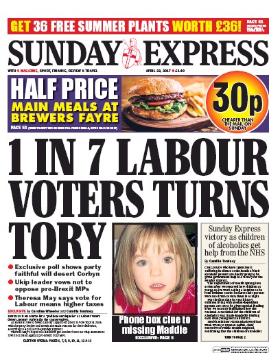 Daily Express Sunday Newspaper Front Page (UK) for 23 April 2017