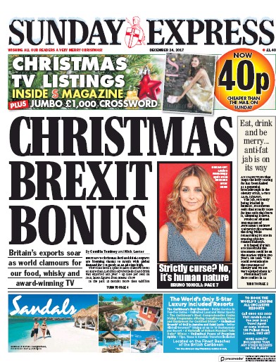 Daily Express Sunday Newspaper Front Page (UK) for 24 December 2017