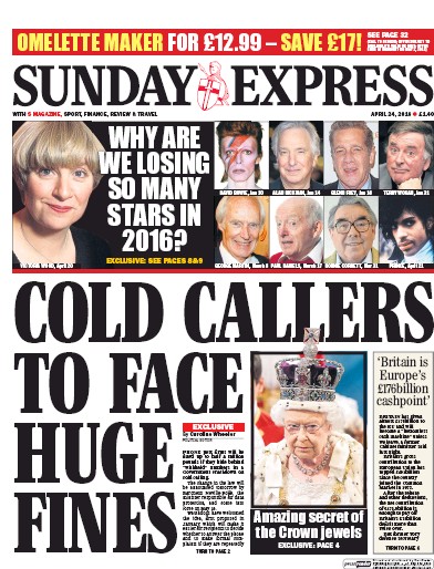 Daily Express Sunday Newspaper Front Page (UK) for 24 April 2016