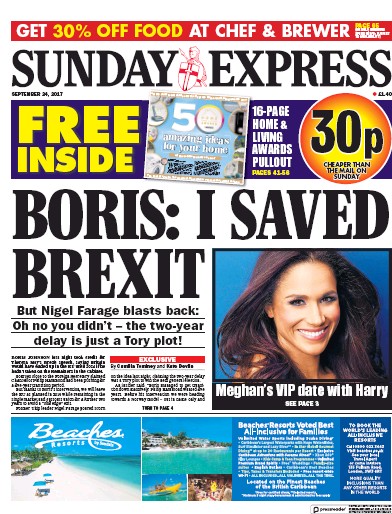 Daily Express Sunday Newspaper Front Page (UK) for 24 September 2017