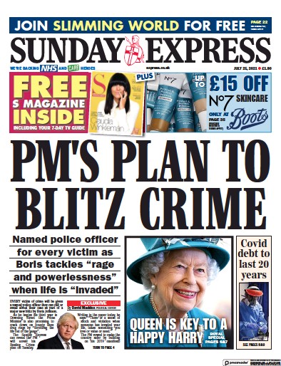 Daily Express Sunday Newspaper Front Page (UK) for 25 July 2021