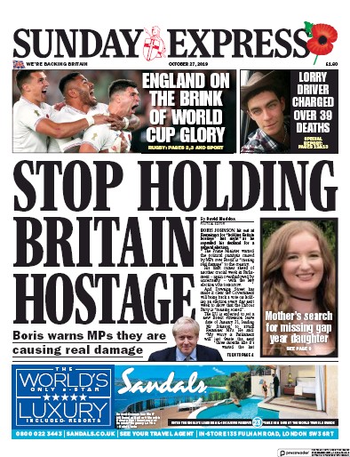 Daily Express Sunday Newspaper Front Page (UK) for 27 October 2019
