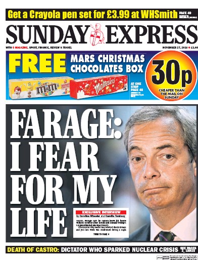 Daily Express Sunday Newspaper Front Page (UK) for 27 November 2016
