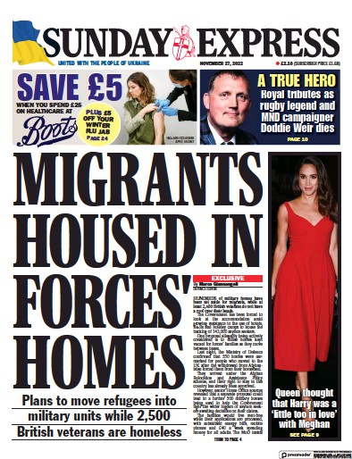 Daily Express Sunday Newspaper Front Page (UK) for 27 November 2022