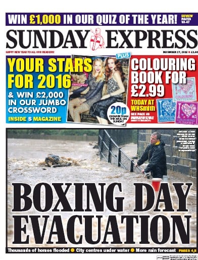 Daily Express Sunday Newspaper Front Page (UK) for 27 December 2015