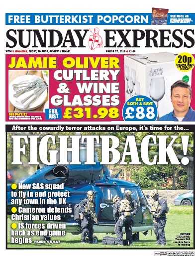 Daily Express Sunday Newspaper Front Page (UK) for 27 March 2016