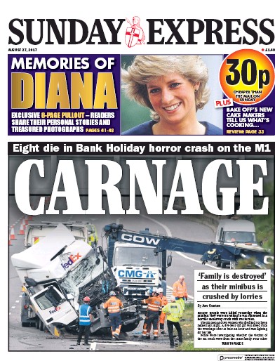 Daily Express Sunday Newspaper Front Page (UK) for 27 August 2017