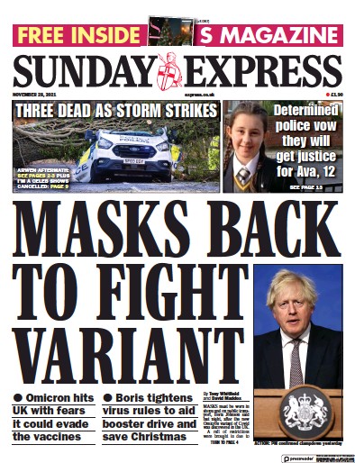 Daily Express Sunday Newspaper Front Page (UK) for 28 November 2021