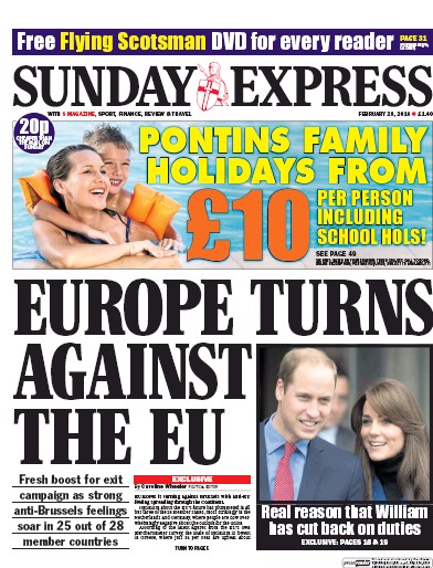 Daily Express Sunday Newspaper Front Page (UK) for 28 February 2016