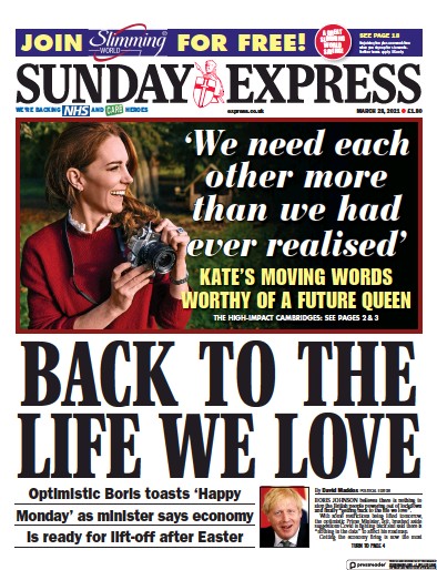 Daily Express Sunday Newspaper Front Page (UK) for 28 March 2021
