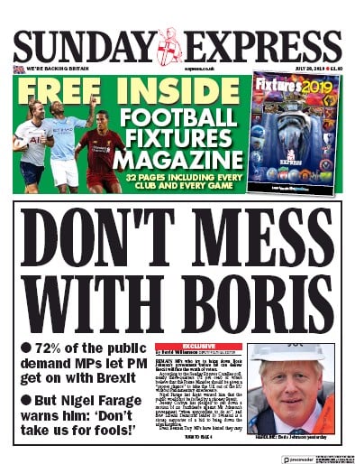 Daily Express Sunday Newspaper Front Page (UK) for 28 July 2019
