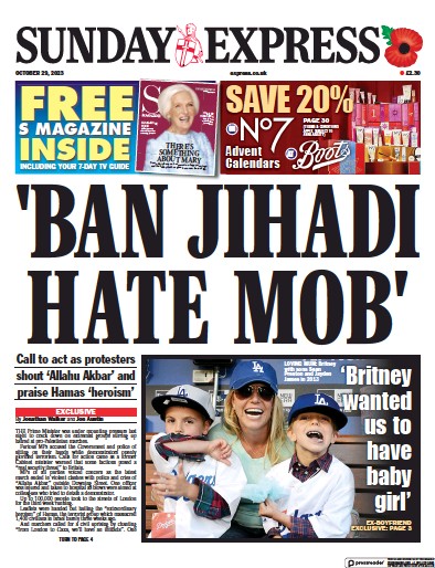 Daily Express Sunday Newspaper Front Page (UK) for 29 October 2023