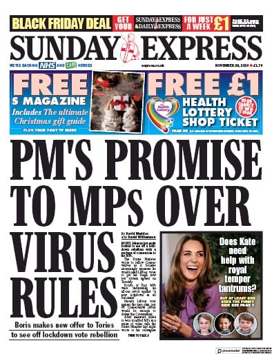 Daily Express Sunday Newspaper Front Page (UK) for 29 November 2020