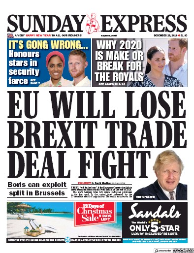 Daily Express Sunday Newspaper Front Page (UK) for 29 December 2019