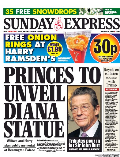 Daily Express Sunday Newspaper Front Page (UK) for 29 January 2017