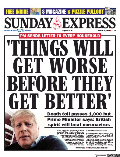 Daily Express Sunday Newspaper Front Page (UK) for 29 March 2020