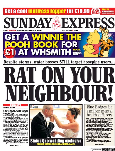 Daily Express Sunday Newspaper Front Page (UK) for 29 July 2018