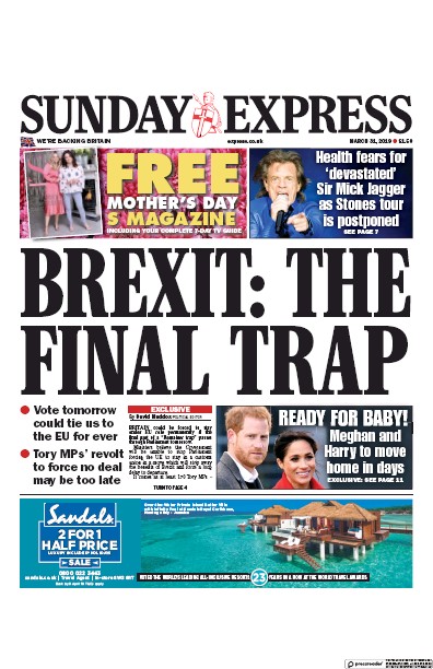 Daily Express Sunday Newspaper Front Page (UK) for 31 March 2019