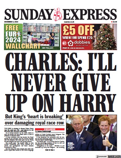 Daily Express Sunday Newspaper Front Page (UK) for 3 December 2023