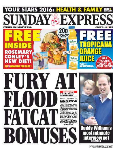 Daily Express Sunday Newspaper Front Page (UK) for 3 January 2016