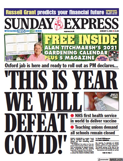 Daily Express Sunday Newspaper Front Page (UK) for 3 January 2021