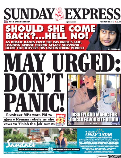 Daily Express Sunday Newspaper Front Page (UK) for 3 March 2019