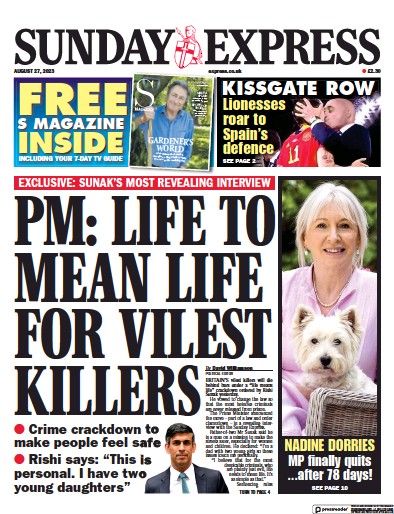 Daily Express Sunday Newspaper Front Page (UK) for 3 September 2023