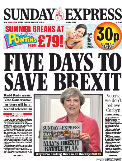 Daily Express Sunday Newspaper Front Page (UK) for 4 June 2017