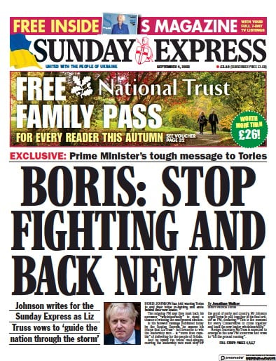 Daily Express Sunday Newspaper Front Page (UK) for 4 September 2022