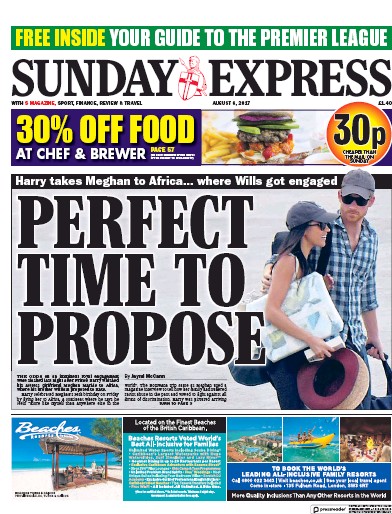 Daily Express Sunday Newspaper Front Page (UK) for 6 August 2017