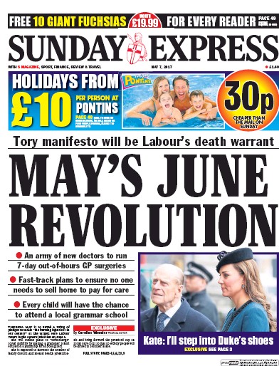 Daily Express Sunday Newspaper Front Page (UK) for 7 May 2017