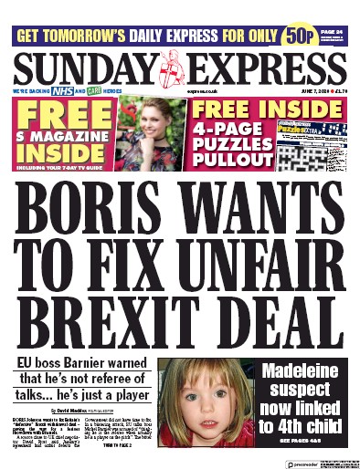 Daily Express Sunday Newspaper Front Page (UK) for 7 June 2020