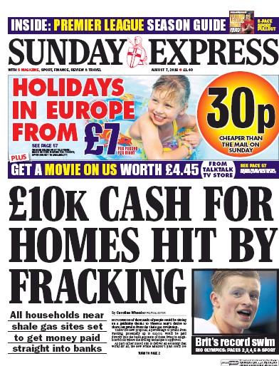 Daily Express Sunday Newspaper Front Page (UK) for 7 August 2016