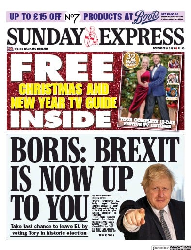 Daily Express Sunday Newspaper Front Page (UK) for 8 December 2019