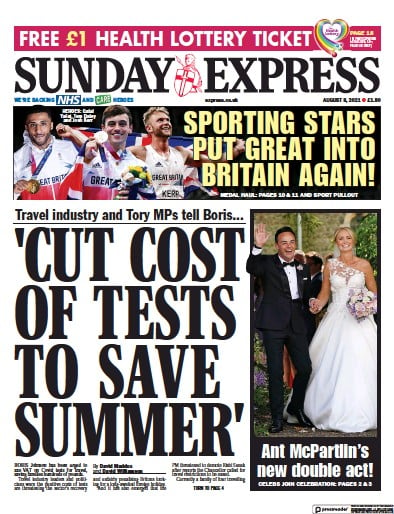 Daily Express Sunday Newspaper Front Page (UK) for 8 August 2021