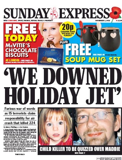 Daily Express Sunday Newspaper Front Page (UK) for 1 November 2015